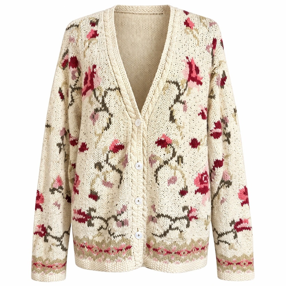 VTG 80s Marisa Christina Hand Knit Floral Cardigan Sweater L Cottagecore Roses